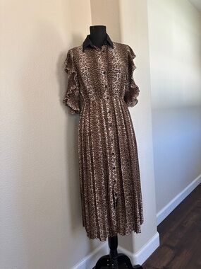 Women's Brown Leopard Print Pleated Midi Dress